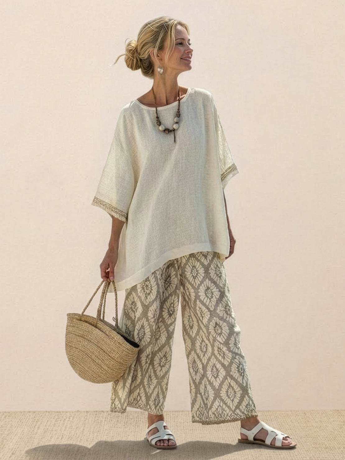 Coastal Comfort Linen two-piece set with breathable linen and crochet details for relaxed elegance