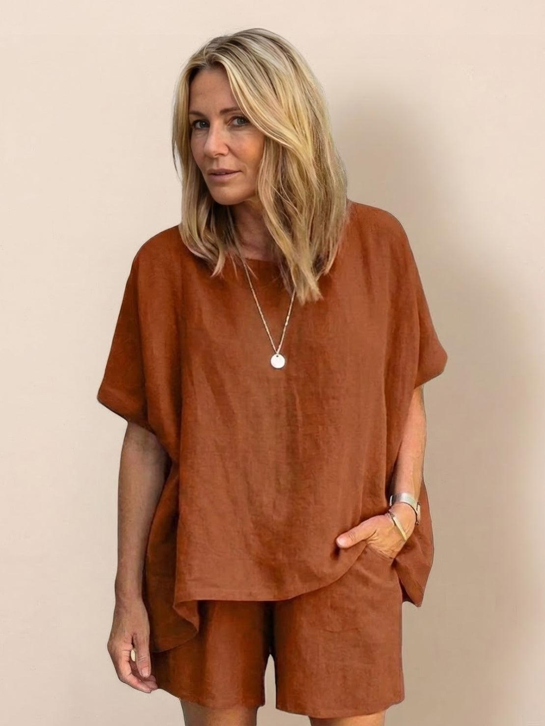 Comfy linen-like shirt and shorts two-piece set in breathable fabric for casual and versatile wear