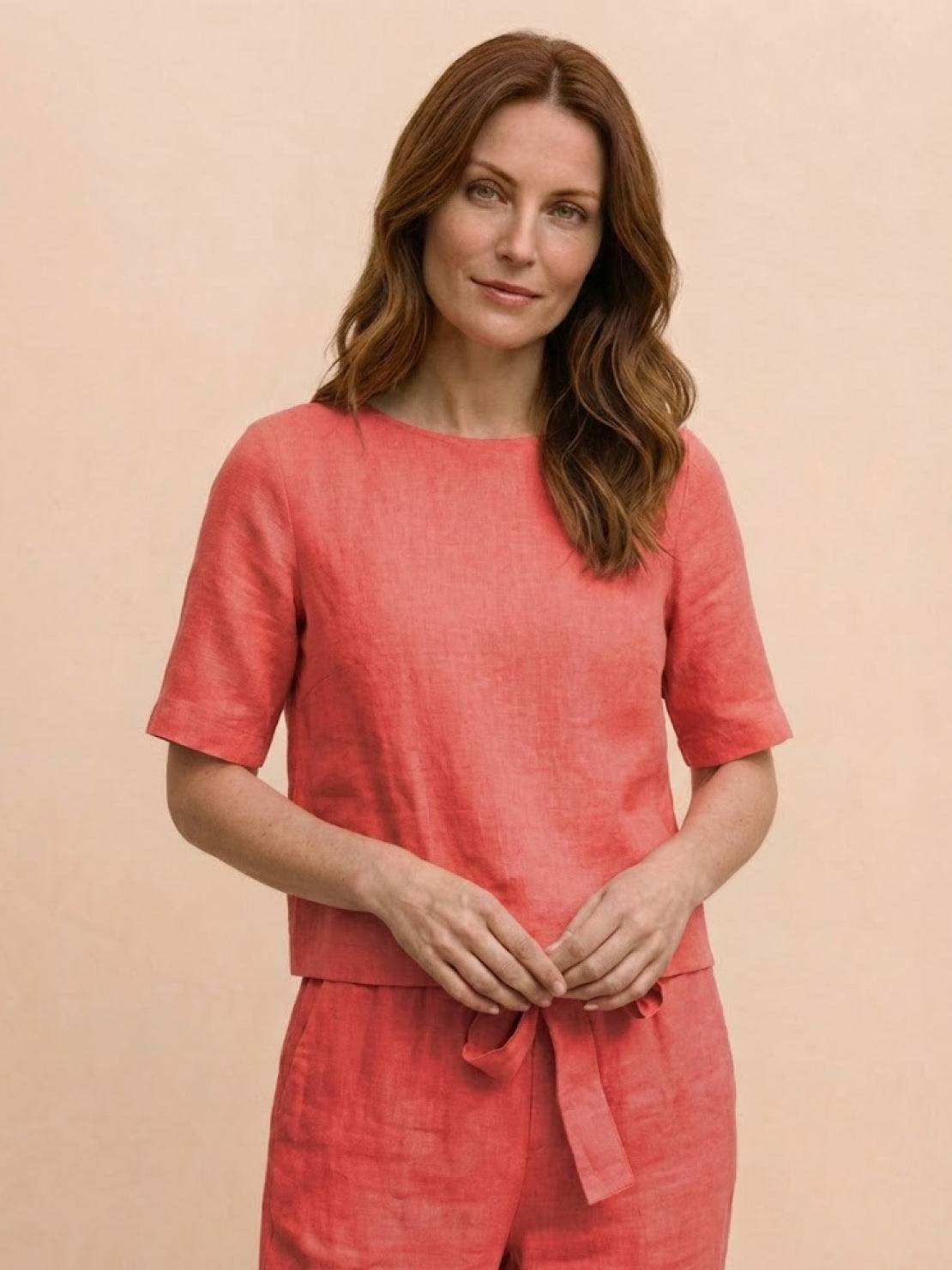 Cotton linen monochrome relaxed short-sleeve top with natural texture and breathable fabric