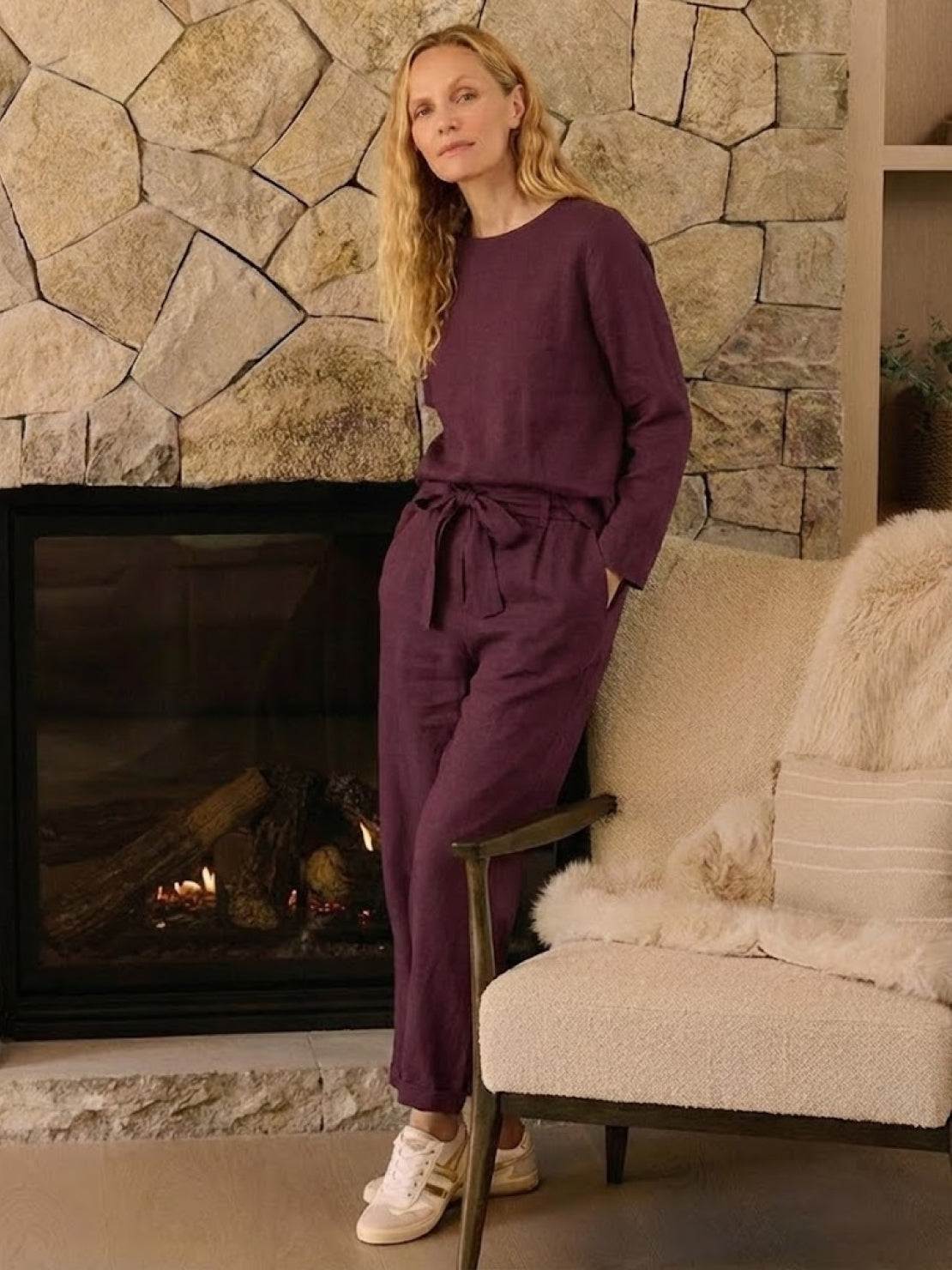 Cotton-linen monochrome relaxed longline top and wide-leg pants set in neutral tones