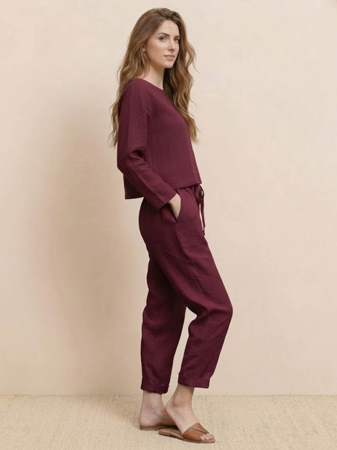 Cotton-linen monochrome relaxed longline top and wide-leg pants set in neutral tones