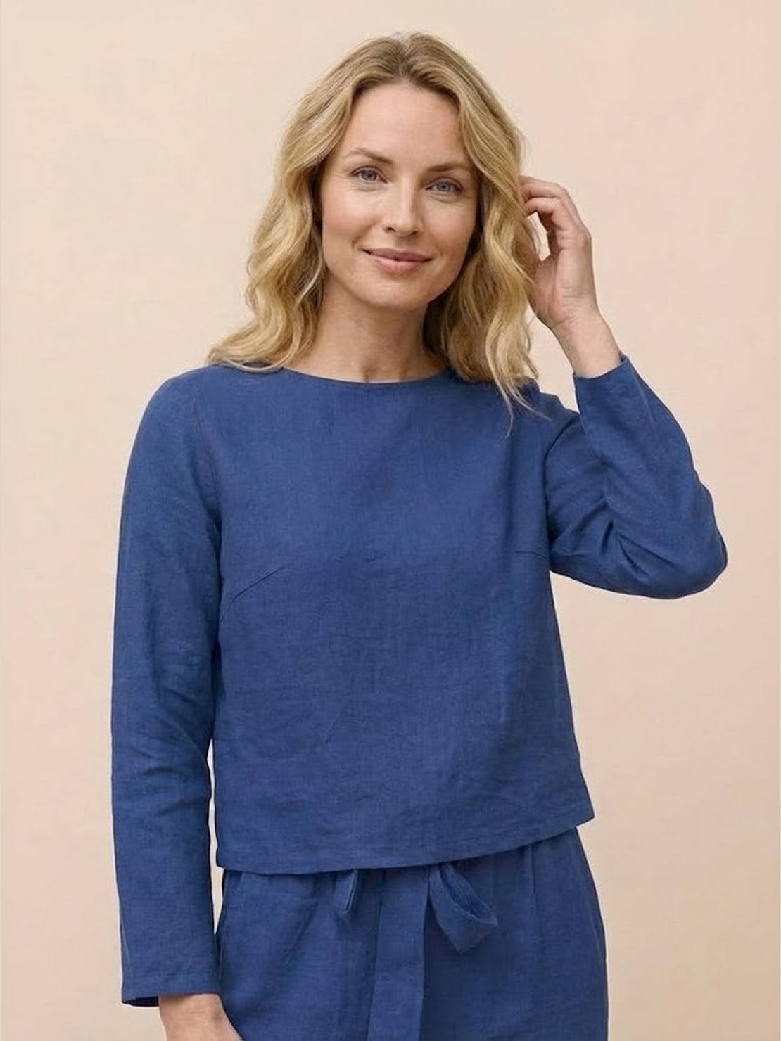 Cotton-linen monochrome relaxed longline top and wide-leg pants set in neutral tones