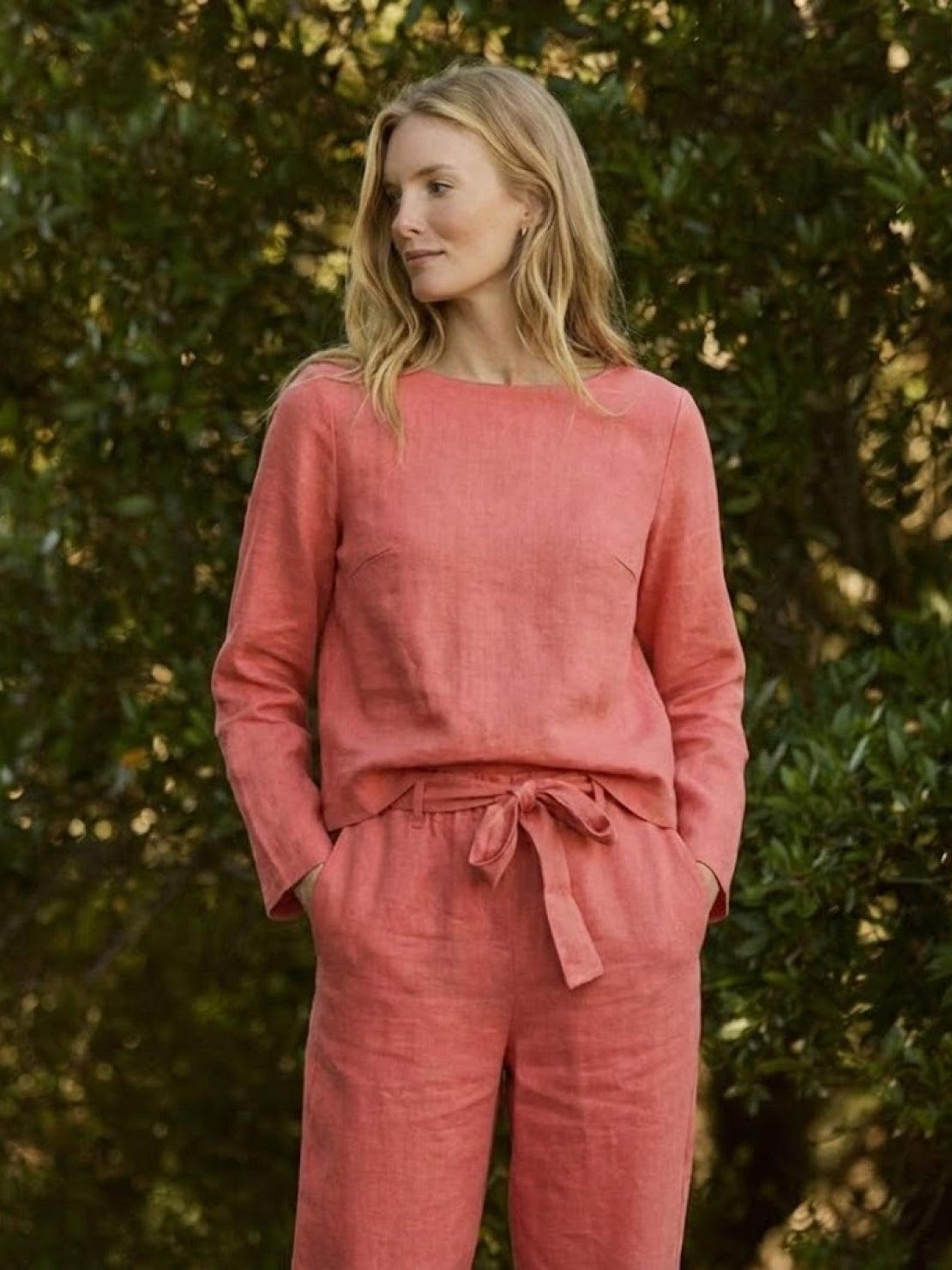 Woman wearing Cotton-Linen Monochrome relaxed longline top and wide-leg pants set in neutral tones