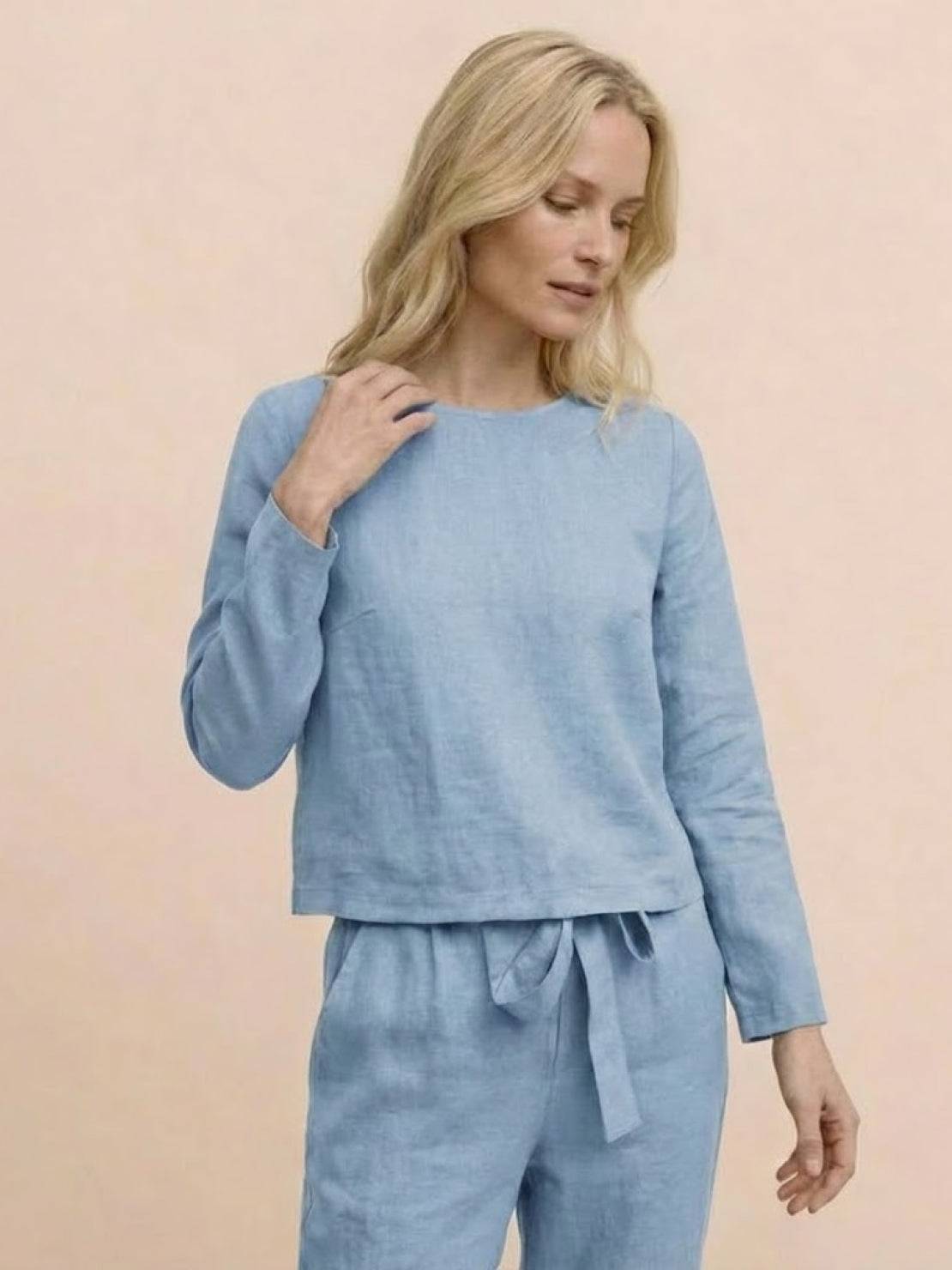 Cotton-linen monochrome relaxed longline top and wide-leg pants set