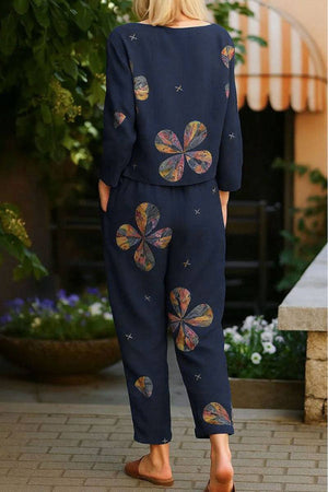 cotton-linen monochrome relaxed floral print longline top and wide-leg pants set