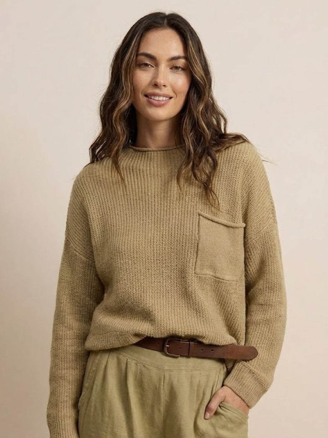 European Minimalism relaxed knit sweater and trousers set in neutral khaki tone with pocket detail