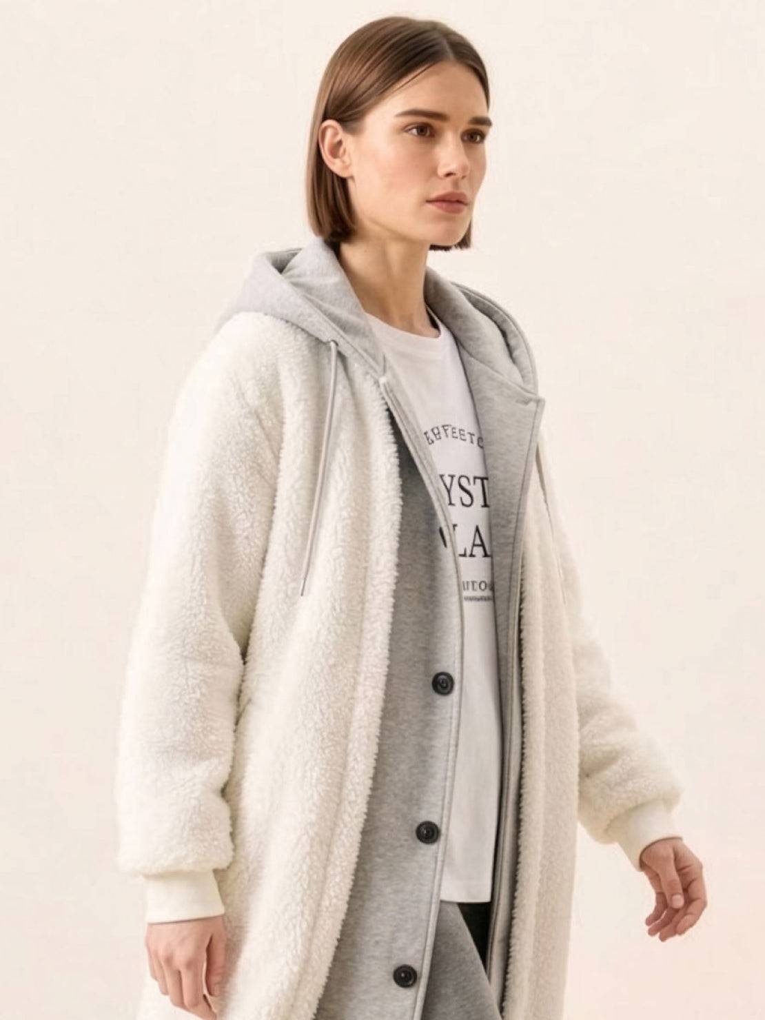 woman wearing white oversized sherpa long coat with hood, cozy everyday wear oversized coat ideal for cold weather