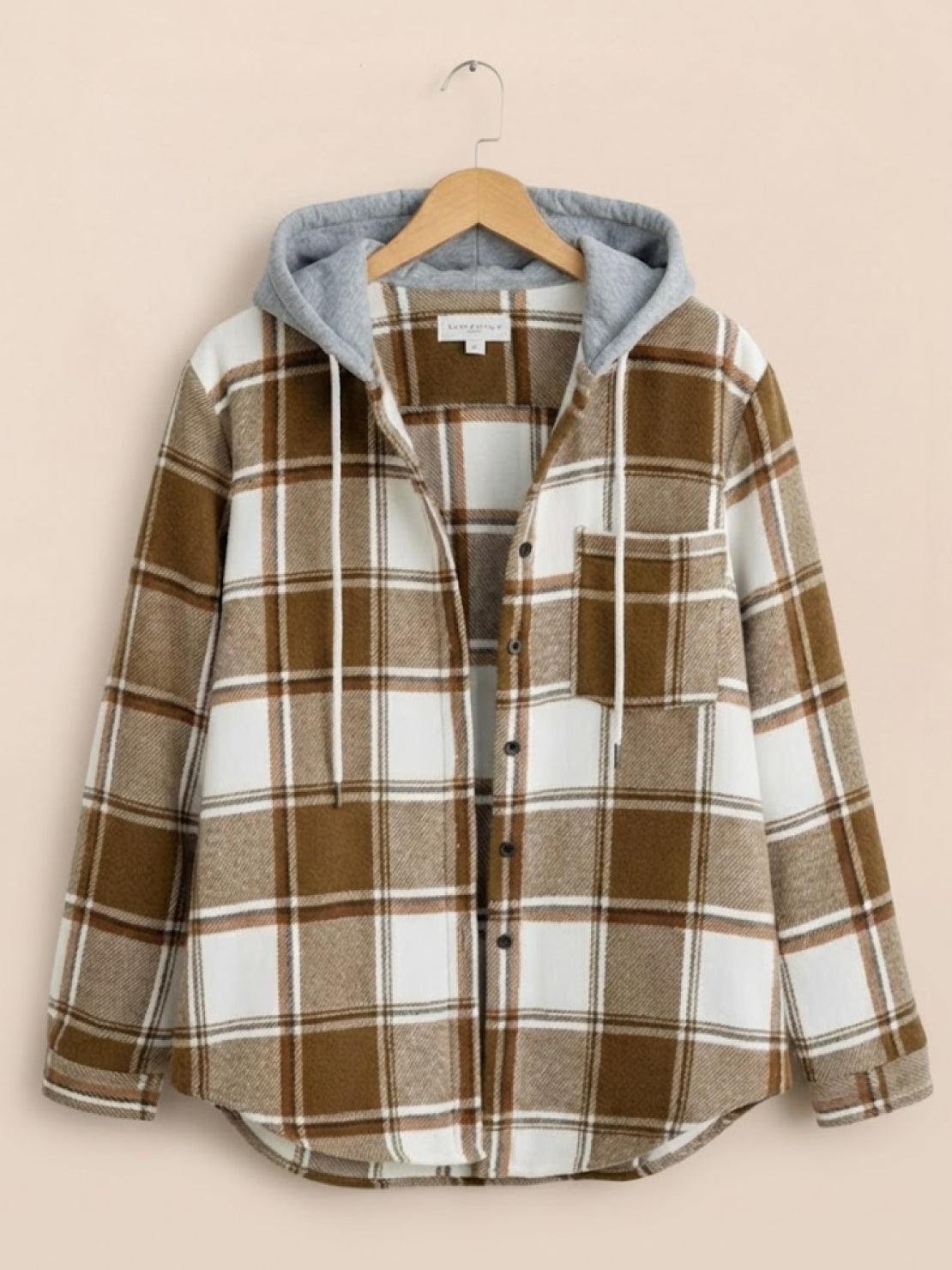 Highland Plaid Shacket with button front, fleece lining, hood, and plaid pattern for casual cool-weather layering