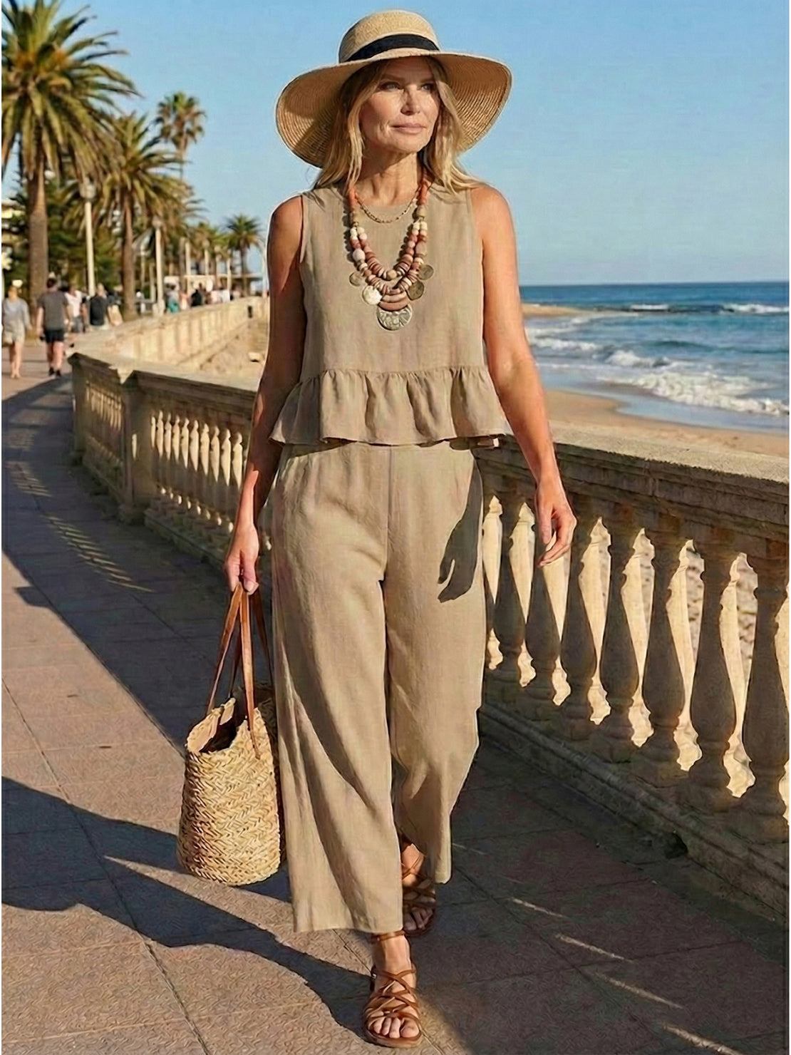 Lightweight breathable linen-like feel two-piece set for travel and comfort