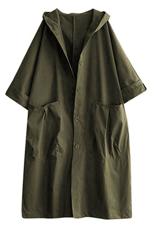 Oversized water resistant windbreaker jacket with hood and large front pockets in dark green