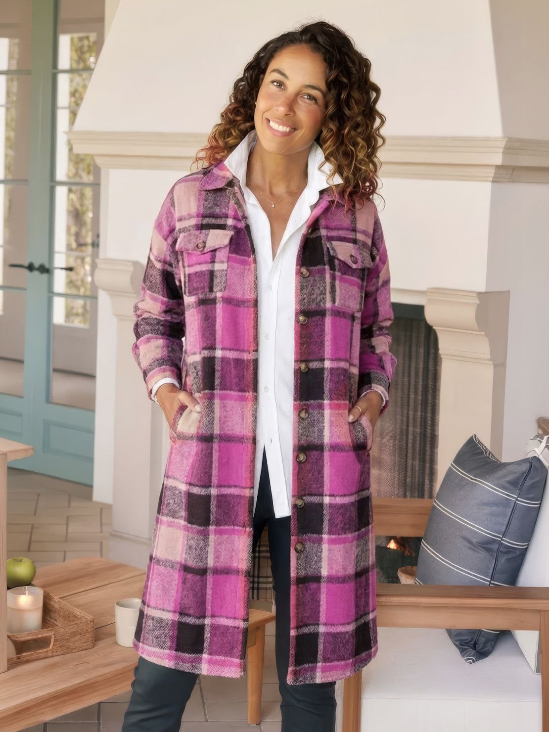Oversized medium-length blue plaid wool-blend overshirt with relaxed fit and functional pockets