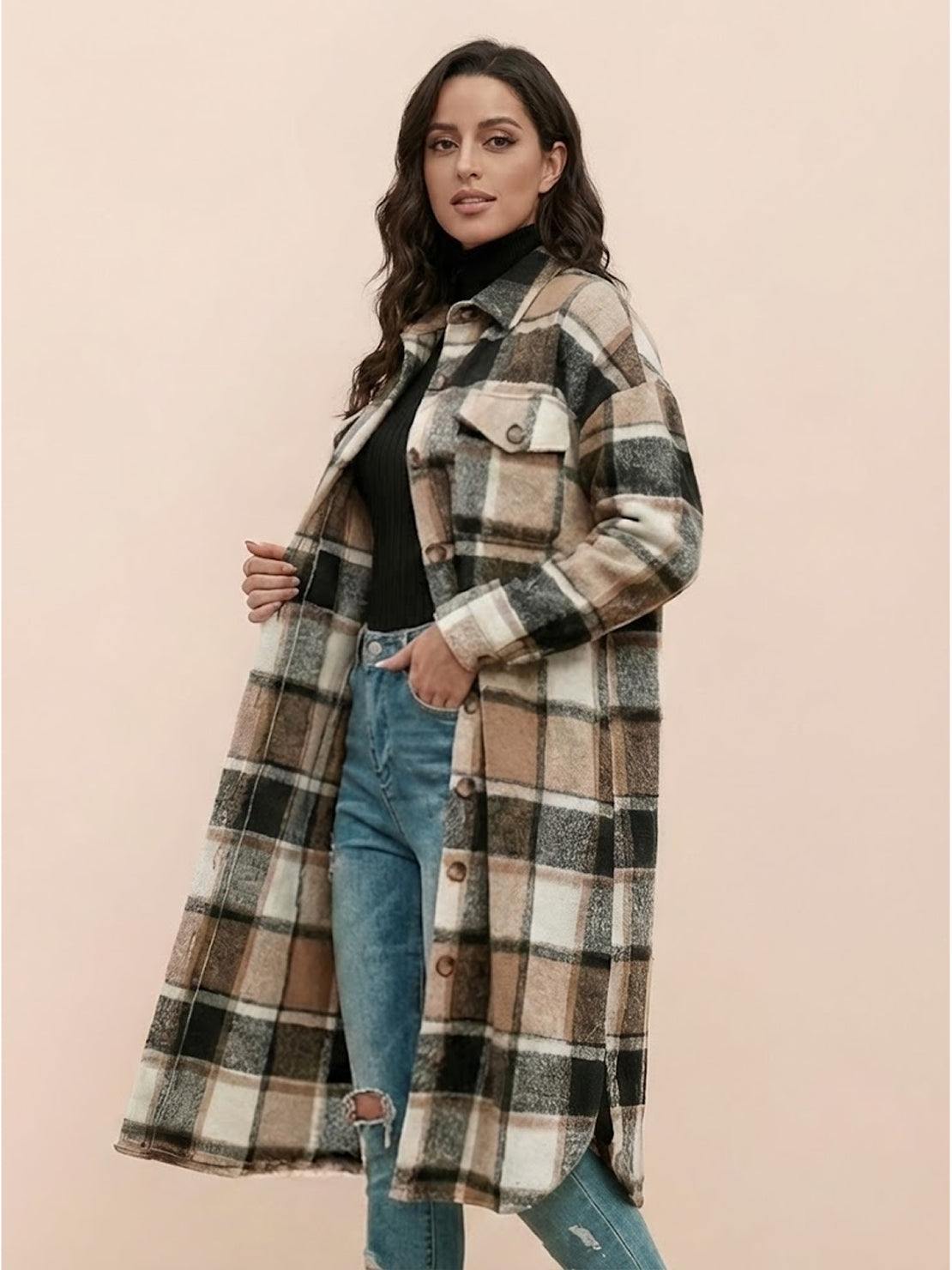 Oversized medium-length blue plaid overshirt with wool-blend fabric and functional pockets