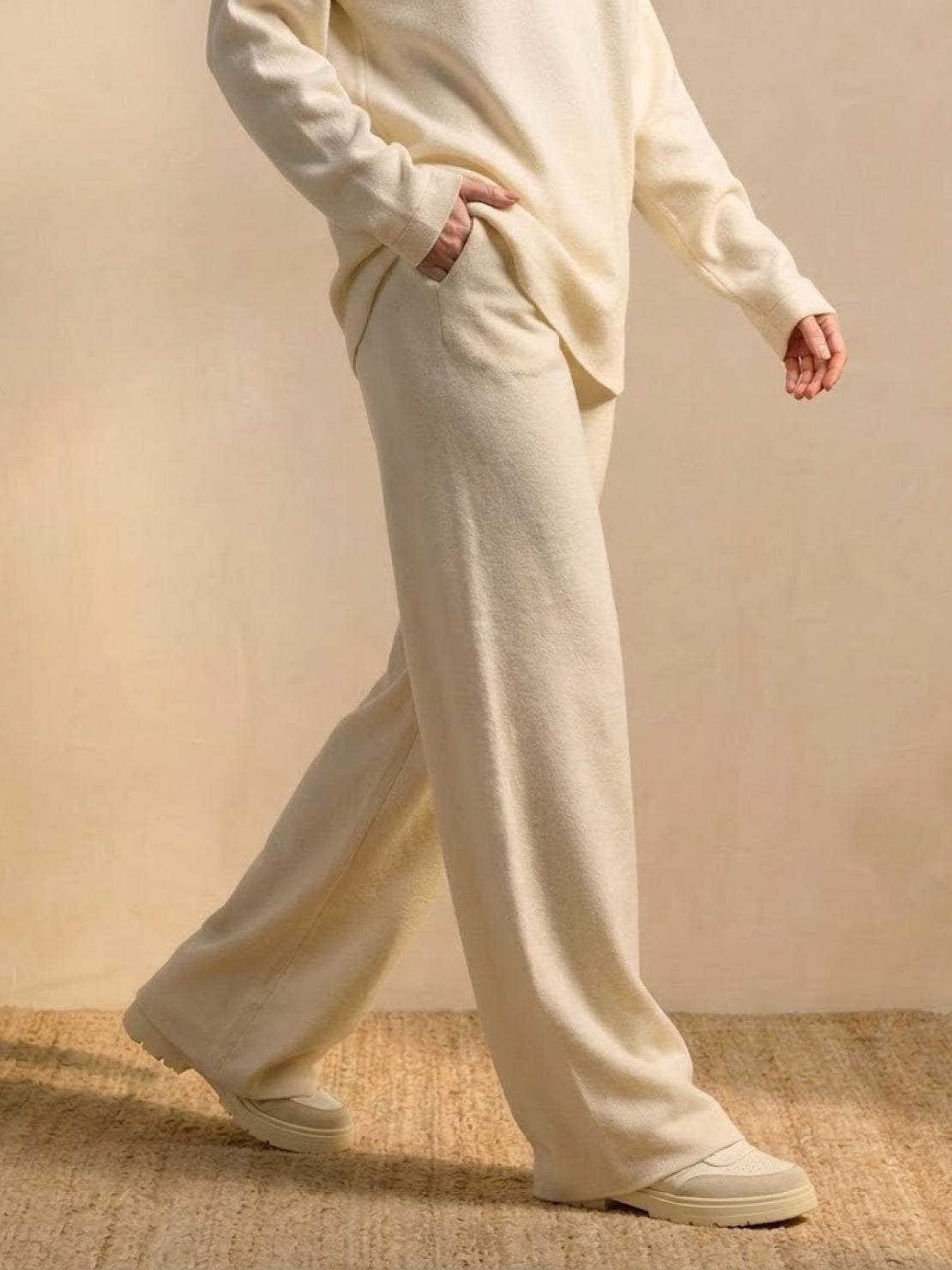 Plush & Preppy Camel Two-Piece Set with cozy wide-leg pants and long-sleeve top in soft camel fabric for travel and leisure.