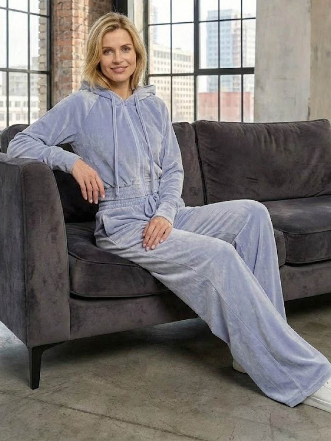 Modern cropped velour tracksuit with high-waist pants in vibrant, lasting color and plush texture