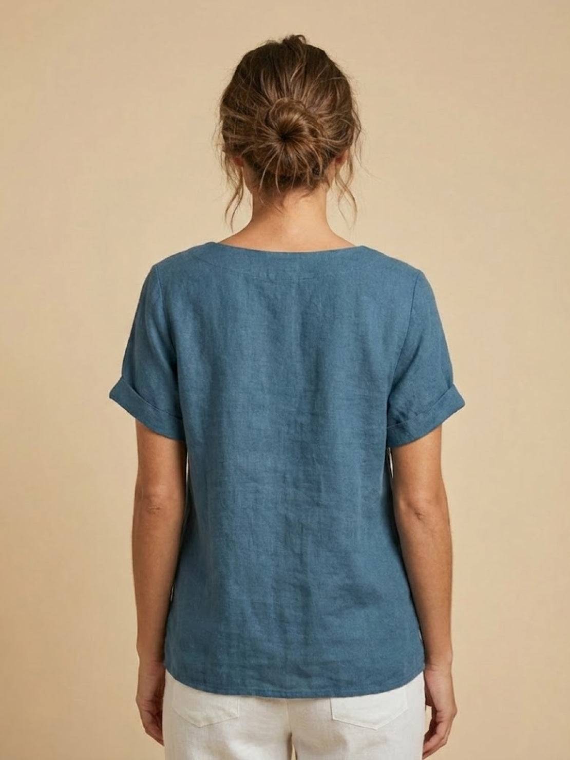 Relaxed Fit Linen Button-Up Tee in breathable cotton-linen fabric with short sleeves and button detail