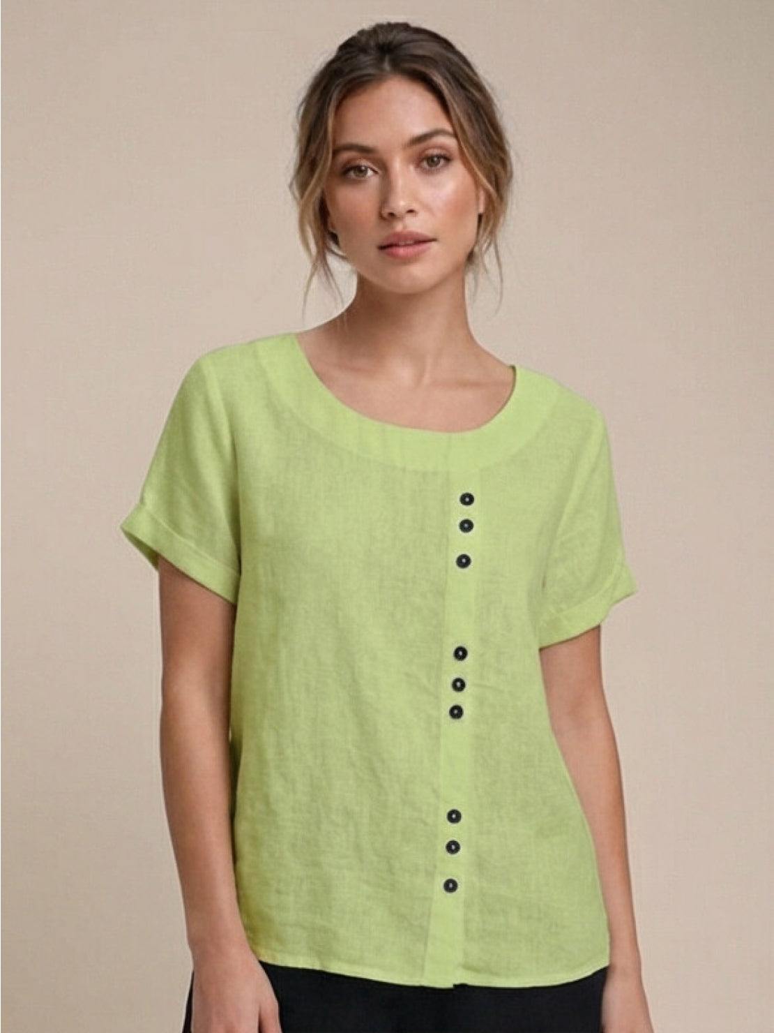 Relaxed Fit Linen Button-Up Tee with breathable cotton linen, loose fit, short sleeves, round neck, and stylish button detail