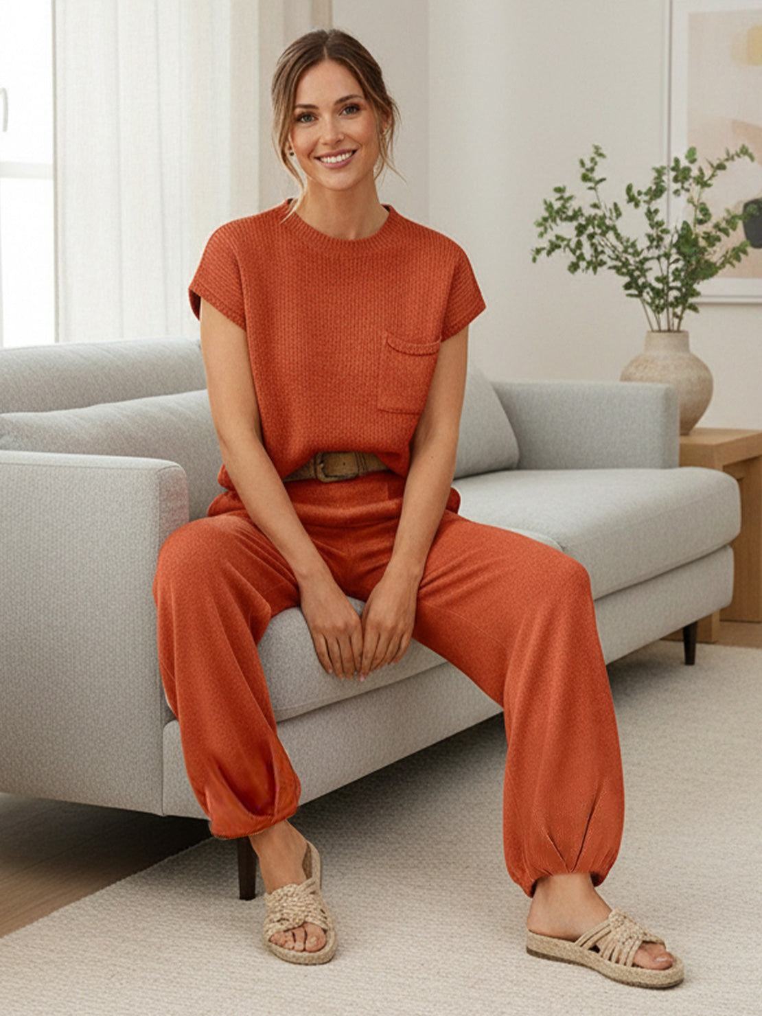 Comfy Couture Knit Sweater two-piece set in soft, relaxed fit with matching pants
