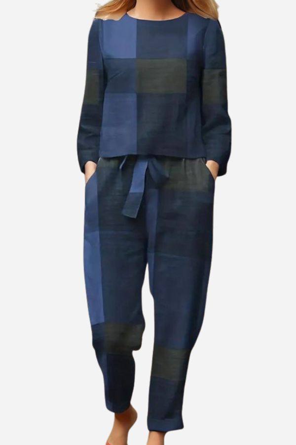 retro patterned linen two-piece set with breathable cotton blend fabric and casual fit