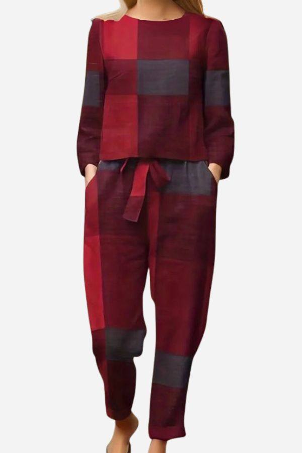 Retro patterned linen two-piece set in red and gray with long sleeves and tie-waist pants