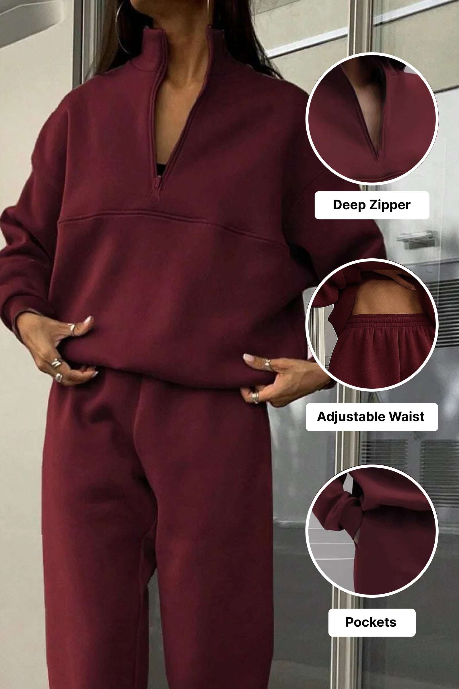 Burgundy cotton blend tracksuit with deep zipper, adjustable waist, and pockets for tailored comfort and style.