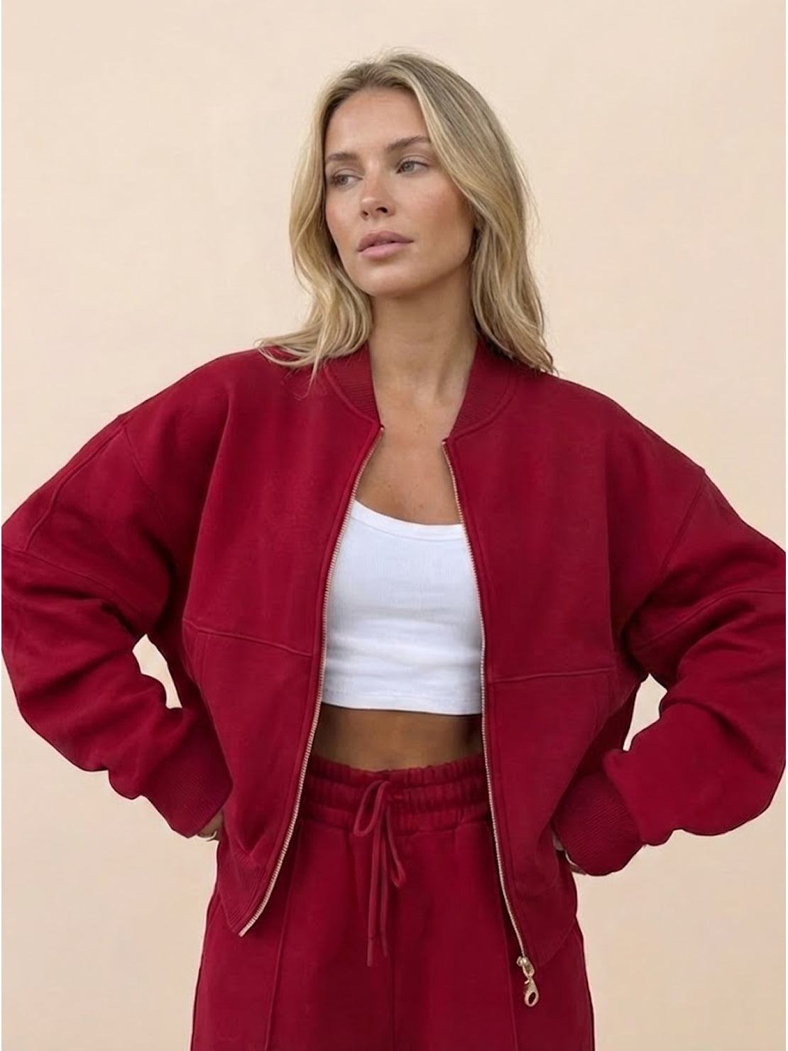 The Voyager Zip Set two-piece zip-front sweatshirt and wide-leg joggers matching travel outfit