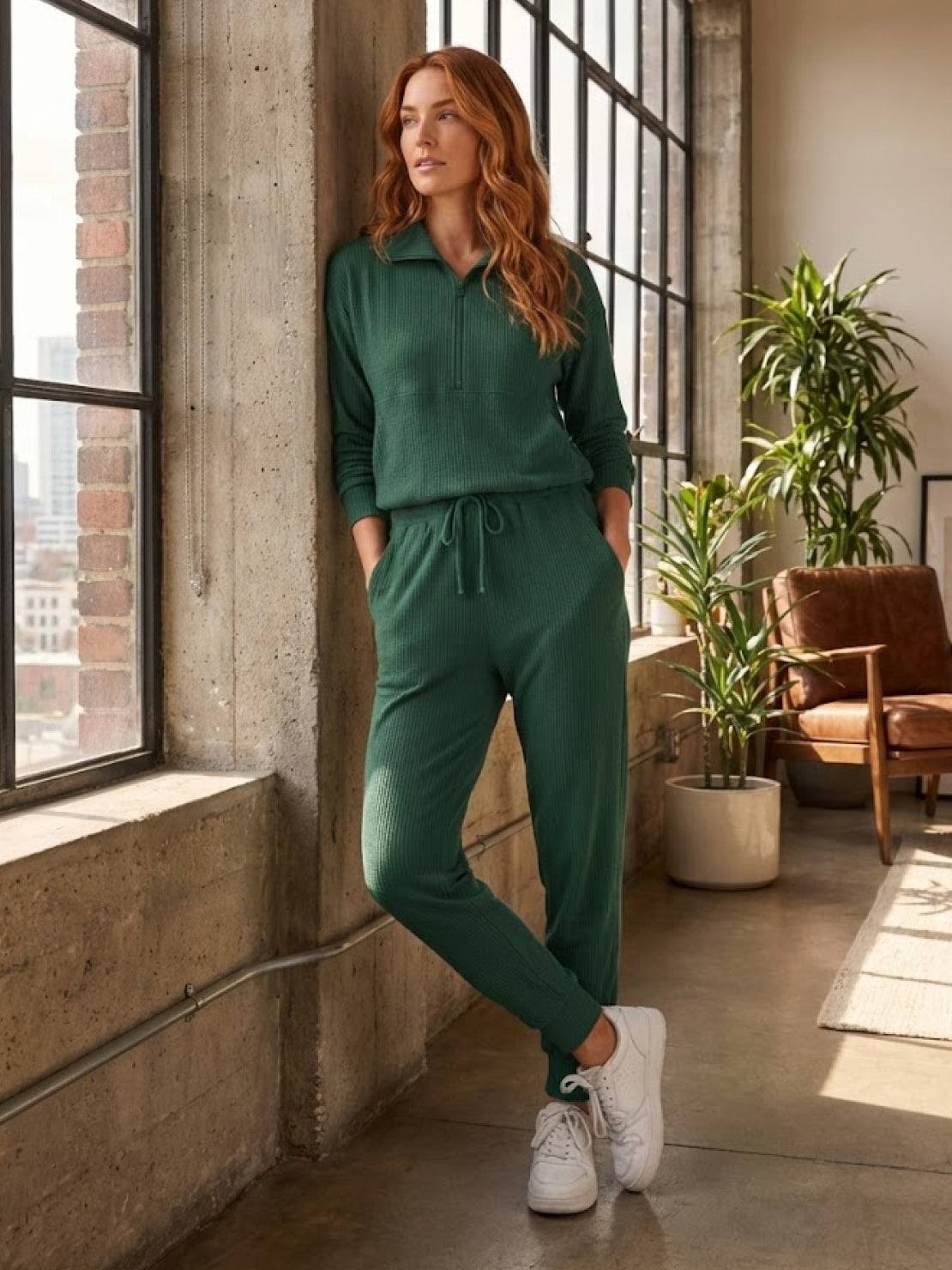 Unisex half-zip pullover and sweatpants set in soft fabric for casual comfort and travel