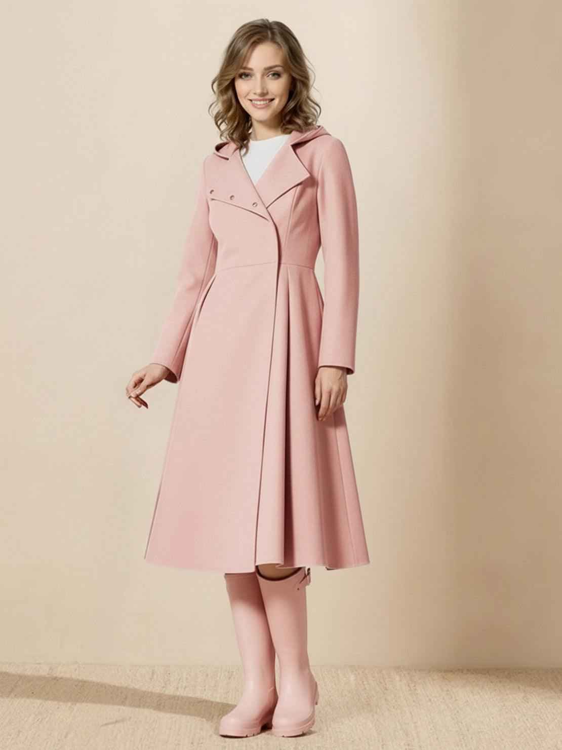 Woman wearing water-repellent A-line hooded raincoat with belt, styled as a dress