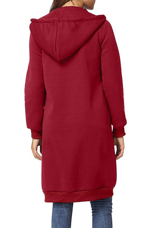 Back view of oversized long zip sweatshirt hoodie in red with hood and long sleeves