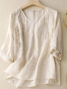 Women’s 100% cotton linen blend golden hour set with embroidered V-neck top and high-waisted wide-leg trousers