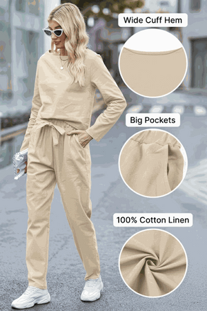 Woman wearing beige cotton-linen monochrome relaxed longline top and wide-leg pants set with wide cuff hem and big pockets