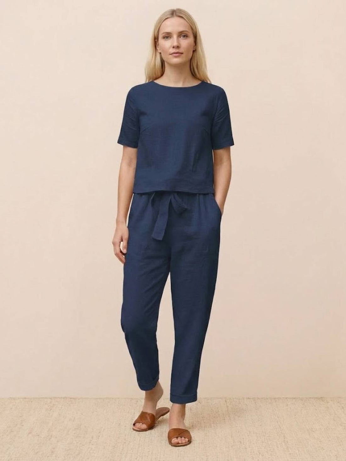 Woman wearing relaxed 100% cotton linen monochrome co-ord set