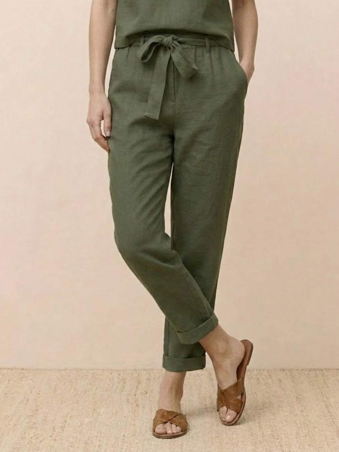 Breathable cotton linen set with relaxed short-sleeve top and straight-leg pants in monochrome tones