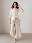 100% Cotton Linen Tuscany Rise 2-piece outfit with embroidered sheer top and wide-leg linen trousers in natural breathable fabric