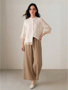 Cotton Linen Tuscany 2-piece women's outfit with sheer embroidered top and wide-leg linen trousers