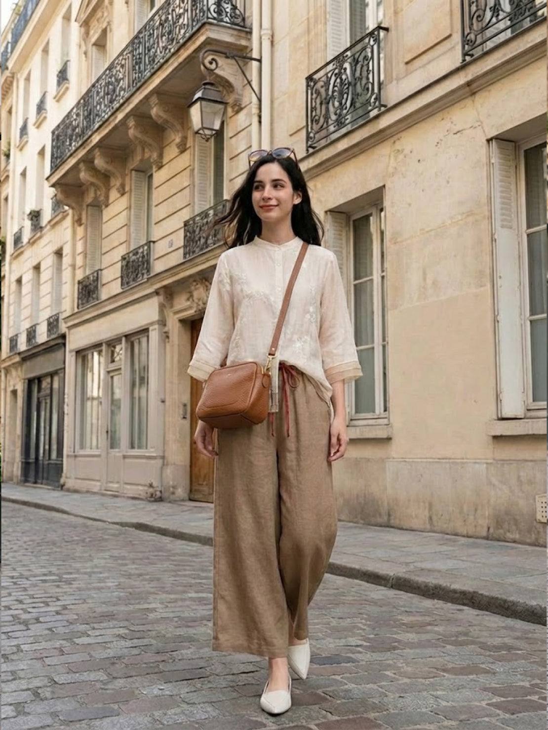 Two-piece Cotton Linen Tuscany set with sheer embroidered top and wide-leg linen trousers