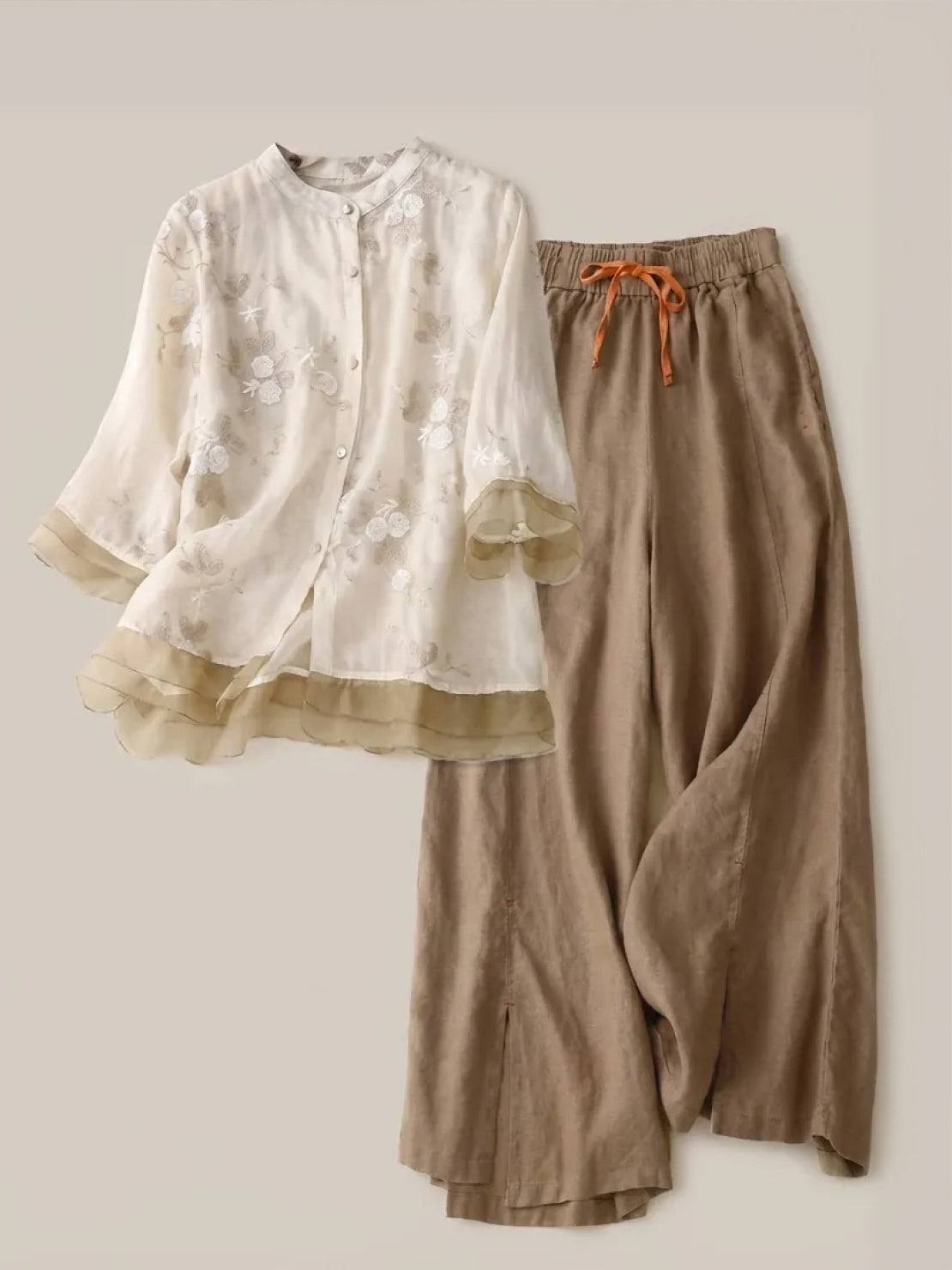 100% Cotton Linen Tuscany Rise two-piece set with sheer embroidered top and wide-leg linen trousers in natural color