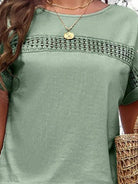 Women wearing a sage green breathable 100% cotton comfortable top with crochet detail for total comfort two-piece travel set