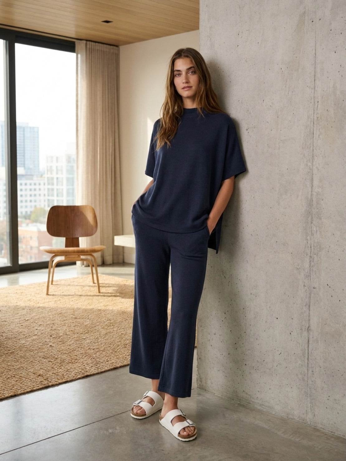 Cotton-blend capelet lounge set with mock neck top and wide-leg pants in relaxed fit