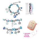Kids bracelet-making kit with blue themed charms, metal spacer beads, snake chains, colorful cords, and an adorable bunny pendant gift set