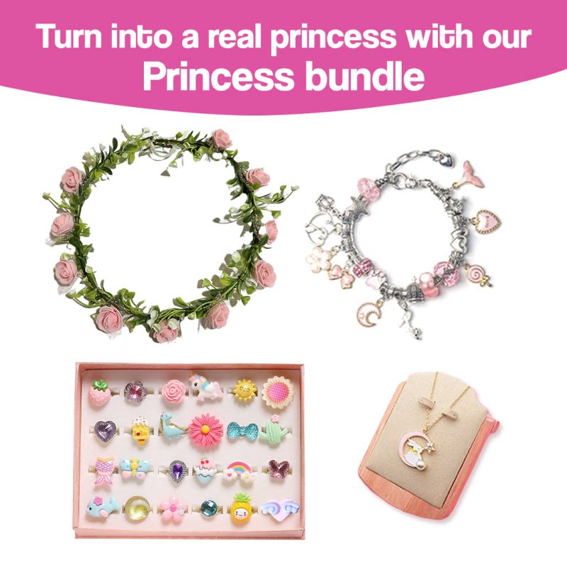 Princess bundle with flower crown, charm bracelet, colorful rings, and unicorn necklace for kids bracelet-making kit gift set