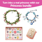 Princess bundle with flower crown, charm bracelet, colorful rings set, and crescent moon necklace from bracelet-making kit for kids