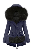 Navy Fur Collar Fleece Coat with hooded design and adjustable hem, warm polyester fleece interior.
