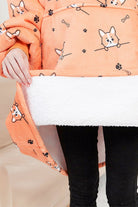 Snuggly oversized hooded fleece sweater with cartoon print and soft sherpa lining