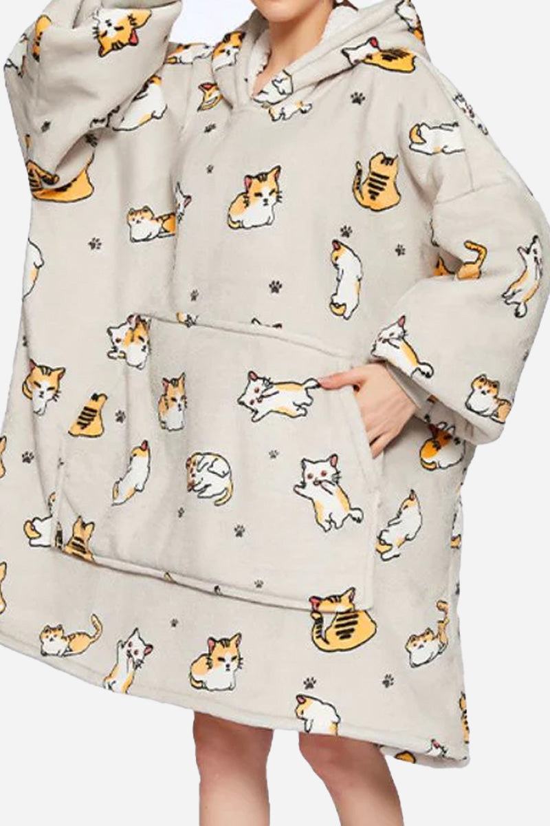 Snuggly oversized hooded fleece sweater with cute cat print, front pocket, and soft warm fabric.