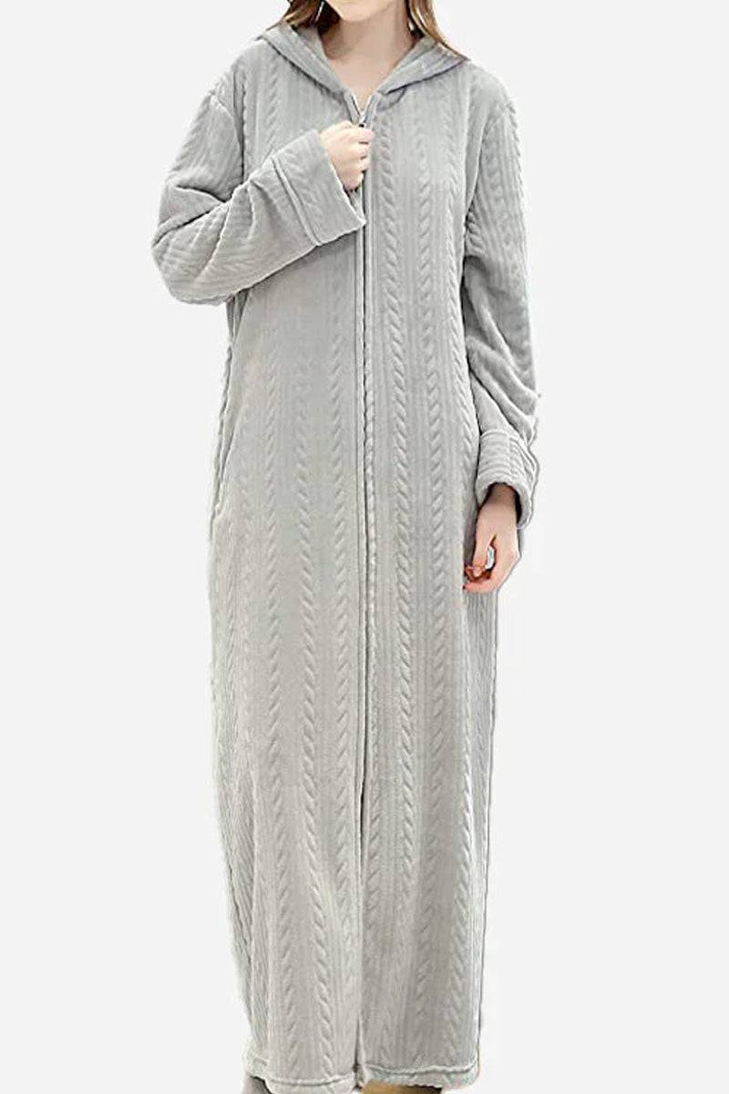 Stylish flannel nightgown with hood and zipper, soft thick fabric, cozy and warm design.