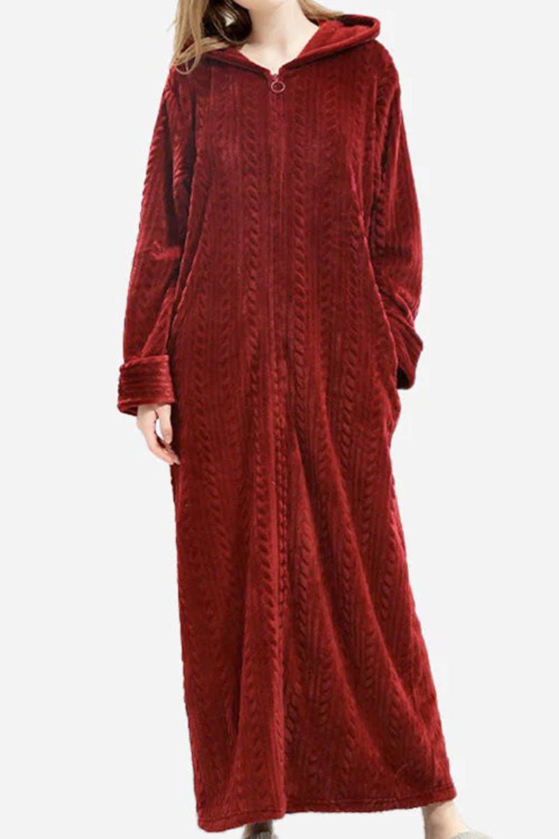 Stylish flannel nightgown in deep red with hood and zipper, soft and thick cozy fabric.