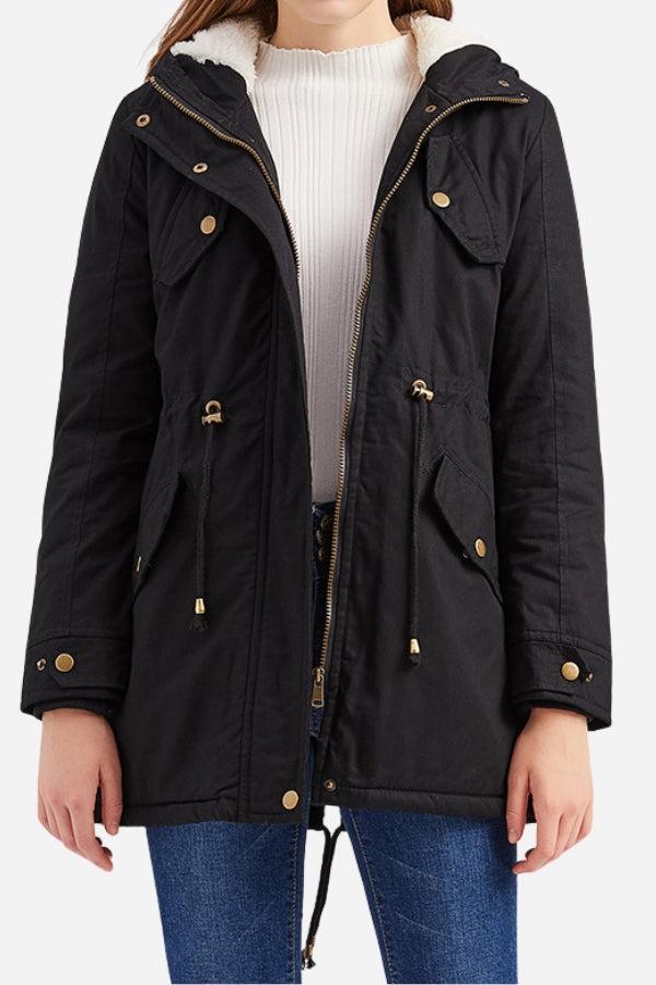 Extra comfortable black cotton parka coat with fluffy lined hood and metal zipper for warmth and style
