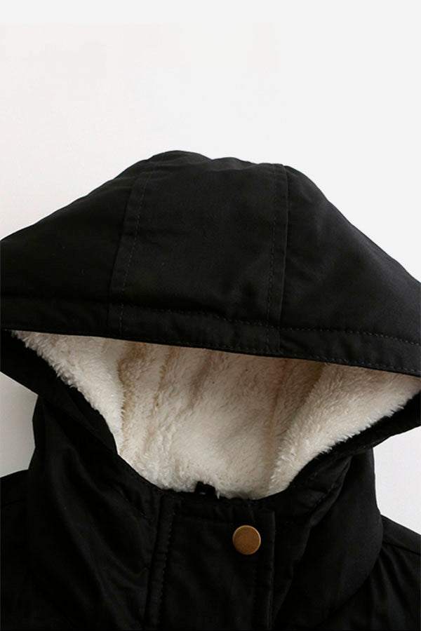 Black extra comfortable cotton parka coat with fluffy lined hood and metal snap button closure