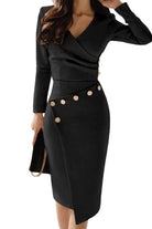 black stylish button pencil dress with v-neck and asymmetrical waist design