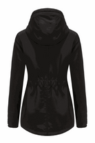 Back view of black casual hooded velvet coat with adjustable waist rope and windproof hood
